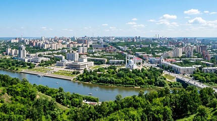 Fototapeta premium Aerial view of suburban town with river and green spaces.