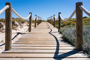 Fototapeta premium Wooden walkway with rope railing leads to a sunny beach under a clear blue sky