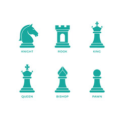 Classic Chess Pieces Vector Icon Set. Solid Green Silhouettes for Business Strategy and Leadership. © Apparel Design