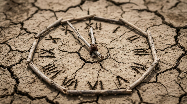 Dry cracked earth shows water scarcity with handmade clock made of sticks and Roman numerals carved in soil symbolizing time running out