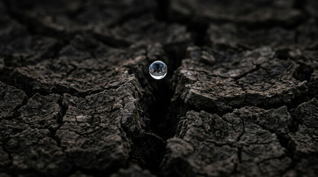 Single water droplet hovers above cracked dry soil symbolizing water scarcity and urgent need for conservation efforts