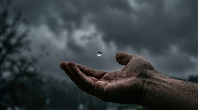 Hand catching water drop under dark clouds symbolizes hope and fight against water scarcity in nature challenging moments