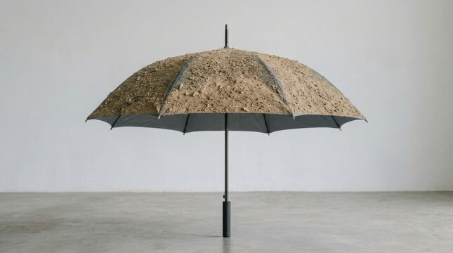 Umbrella covered with dry cracked soil symbolizes water scarcity and environmental challenges in minimalistic setting