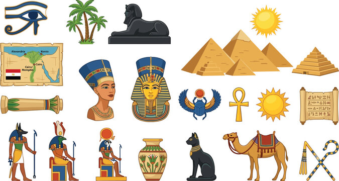 Ancient Egyptian cultural historical heritage elements featuring pharaoh masks pyramids sphinx deities camels papyrus scrolls and traditional artifacts