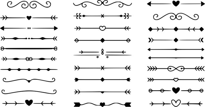 Vector silhouette illustration set of vintage text dividers and calligraphic vignettes including ornamental borders, heart accents, arrow lines, and page decorations, isolated on a white background.