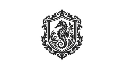 Ornate seahorse heraldic crest with floral frame. © ragil