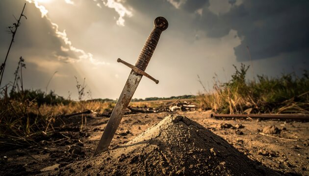 Ancient Rusted Sword Stuck in Ground During Dramatic Sunset with Stormy Clouds