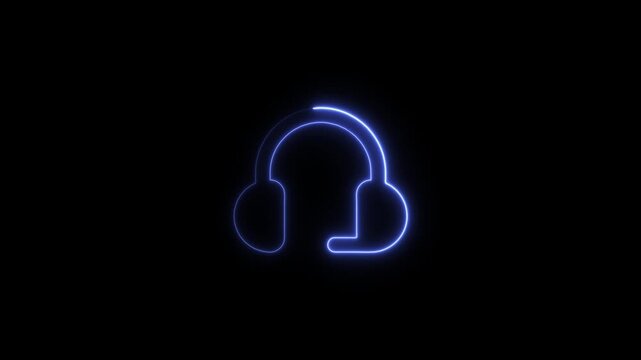 Glowing blue headphones icon on black background. Neon audio symbol for music, podcasts, and digital media design.