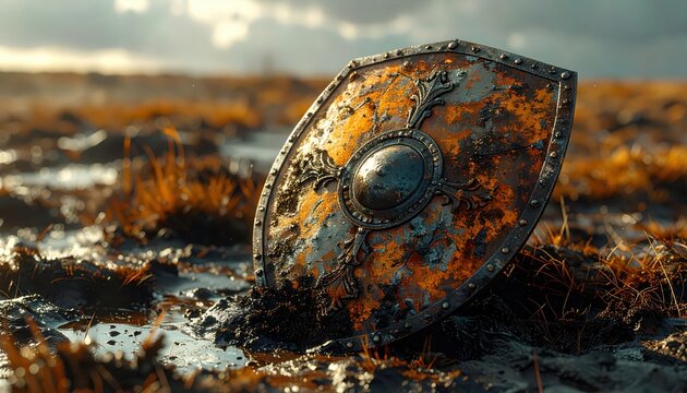 Ancient Rusted Viking Shield Lying in Muddy Field with Dry Grass and Dramatic Sky