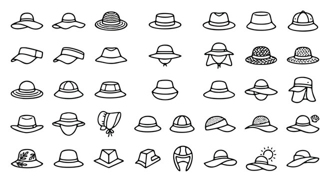 Minimalist summer hat icons set, 35 black line vector illustrations of sun hats and headwear, modern fashion accessories for beach and travel