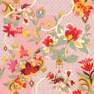 Elegant seamless floral pattern featuring ornate blooming flowers, pearl garlands, faceted gemstone pendants, and vintage jewelry ornaments on a soft blush pink ornamental background. 