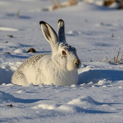 Naklejka premium White mountain hare sits in deep white snow during cold sunny winter day. Wild animal with thick fur stays on frozen field. Small creature looks around with alert eyes under bright sunlight. Nature