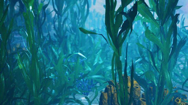 Plants growing underwater surrounded by rocks. The sunlight filters through the water, creating patterns on the ocean floor. The environment looks vibrant and full of life.