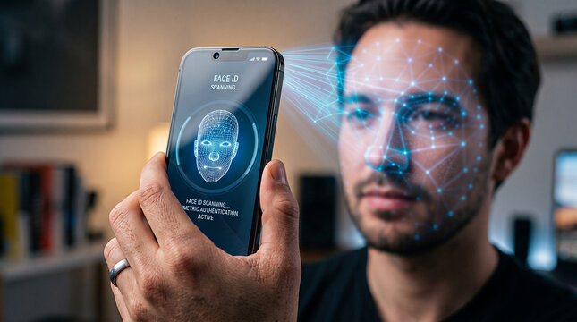 Man performing face id scan on smart device with blue geometric mesh overlay for secure personal data verification.
