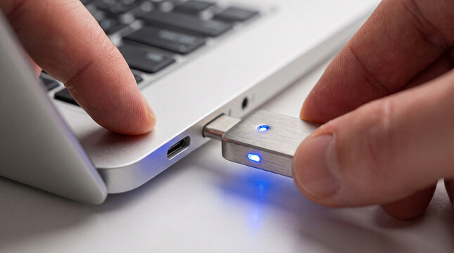 Close up shot of hand inserting metal security key into laptop port for hardware based two factor authentication.