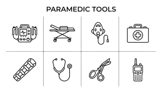 Paramedic tools line icon set with stretcher and first aid kit