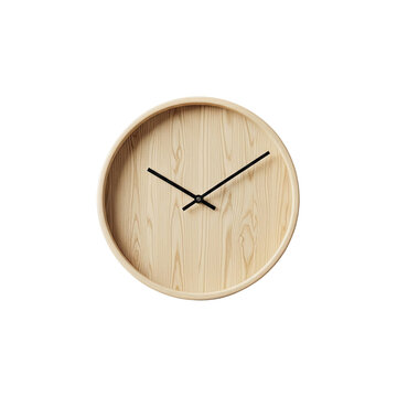 Minimalist wooden wall clock with black hands on isolated white background.