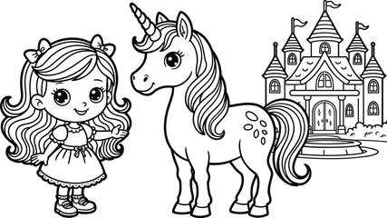 Obraz premium Kids coloring page featuring cute little princess girl magical unicorn horse and fairy tale dream castle outline