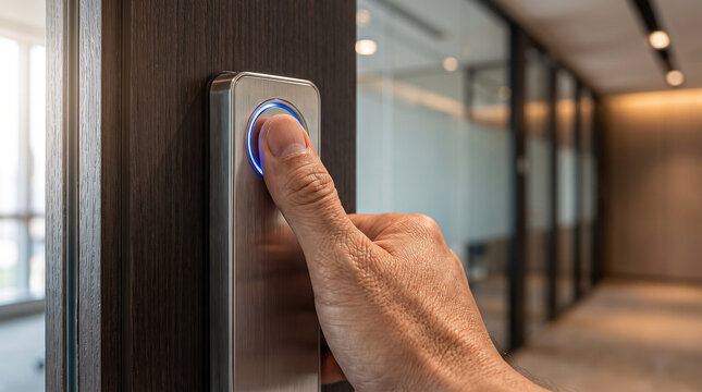 Man unlocking door with biometric fingerprint reader for secure access, smart home system, modern office.
