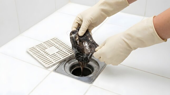 Gloved hands removing large clump of hair from clogged bathroom floor drain.