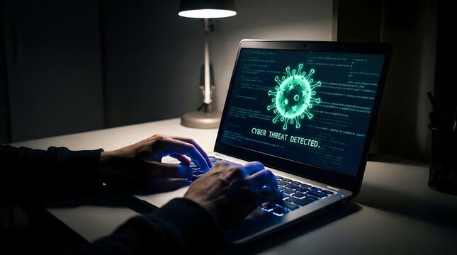 Cyber threat detected warning message on laptop screen with virus icon.