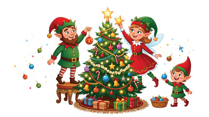 Fototapeta premium Cute Christmas Elves Decorating a Festive Christmas Tree with Ornaments and Gifts