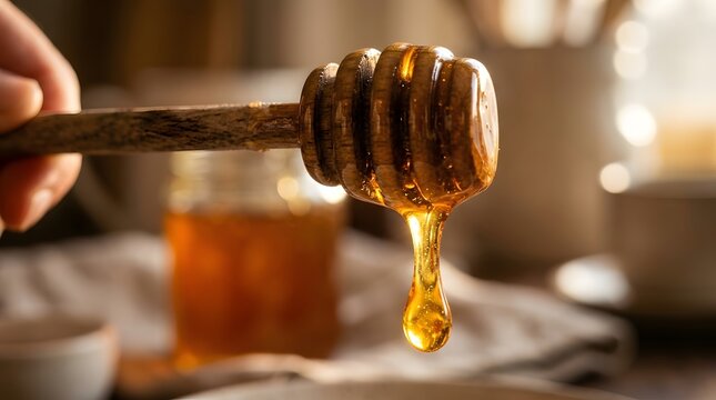 Golden honey dripping from wooden dipper against blurred kitchen background.