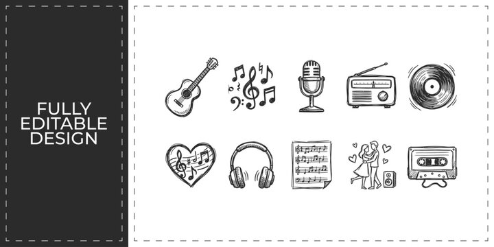 Music production and audio technology hand drawn doodle icons set featuring guitar microphone and headphones for sound studio and live concert event marketing design