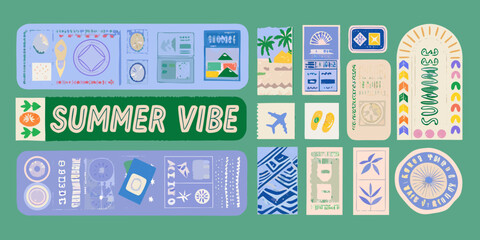 travel stickers in colorful retro style on green background design summer vibe vacation theme illustration art patterned beach icons airplane © Bithi