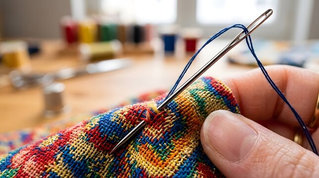 Close up of person sewing colorful fabric with needle and thread.