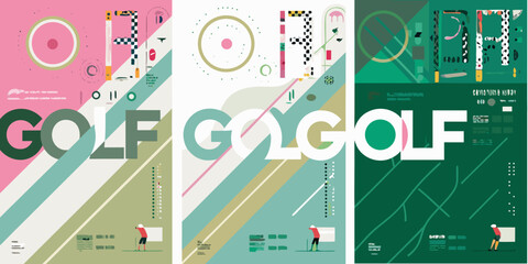 golf tournament posters with colorful geometric patterns players sport game competition event illustration vector graphic design artwork shapes colors modern © Bithi