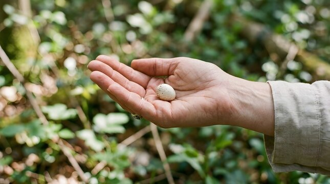 Small speckled bird egg resting on palm of hand in forest.