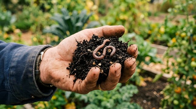 A hand holding earthworm in fertile soil with blurred green garden background on bright sunny day.
