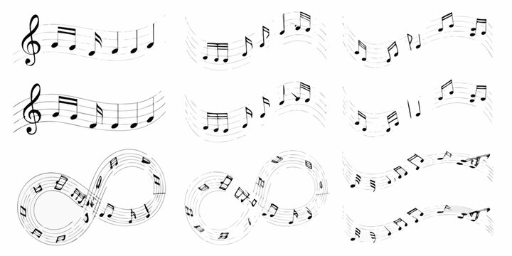 musical notes on flowing staffs in black and white line art sheet music notation clef quavers semiquavers composition melody rhythm