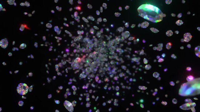 Ultra realistic opal gemstone fragments float through black space with emerald, sapphire, crimson and violet flashes, creating a premium luxury jewelry background with elegant cinematic copy space.