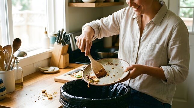 Person scraping dirty plate into trash bin in kitchen.