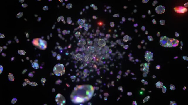 Ultra realistic opal gemstone fragments float through black space with emerald, sapphire, crimson and violet flashes, creating a premium luxury jewelry background with elegant cinematic copy space.