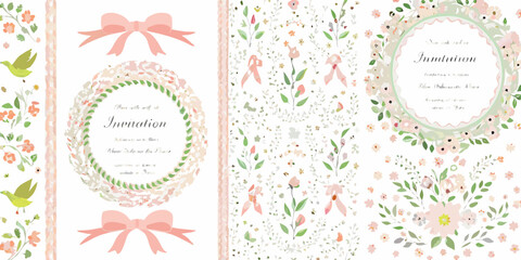 soft pastel floral invitation cards with watercolor wreath and bows flowers colors wedding invites greeting hand drawn romantic design botanical © Bithi