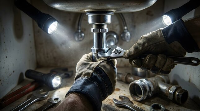 Hands in work gloves fixing kitchen sink plumbing with wrench and flashlight.