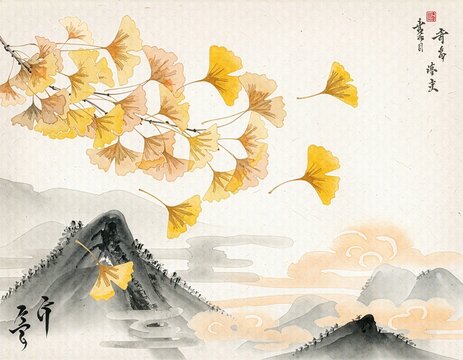 Delicate branch with yellow ginkgo leaves arching over a misty monochrome river valley landscape painted in traditional Oriental style.