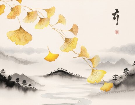 Artistic East Asian watercolor depicts vibrant yellow ginkgo tree branches dropping leaves over monochrome ink wash mountains with classic calligraphy.