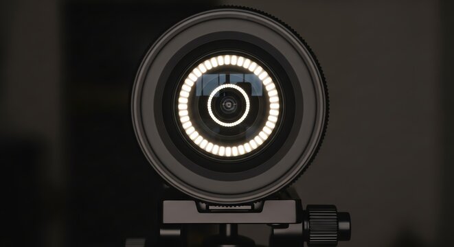 Front view of a digital camera lens with a glowing LED ring light reflecting in the glass aperture, studio photography composition.