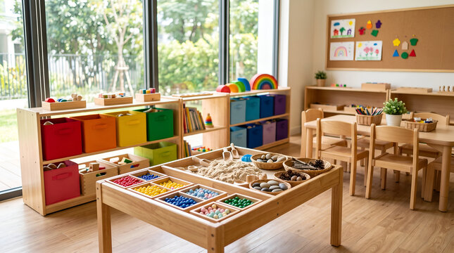 Cozy preschool classroom interior with wooden sensory tables, sorting bins, natural materials, and colorful toy storage shelves