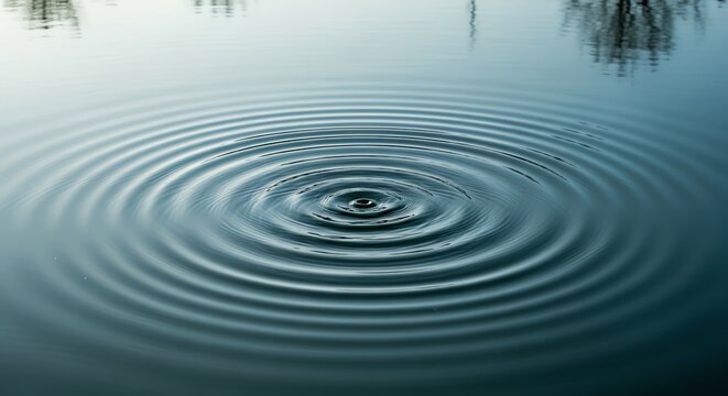 Concentric ripples on deep blue water surface caused by a single drop, high angle centered shot with natural lighting, minimalist zen style