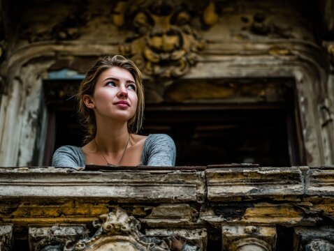 thoughtful woman on balcony in historic architecture