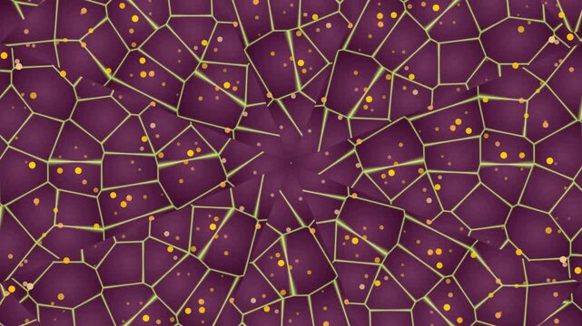 Abstract polygonal mosaic pattern background in shades of purple with golden dots; geometric structure design with radiating lines