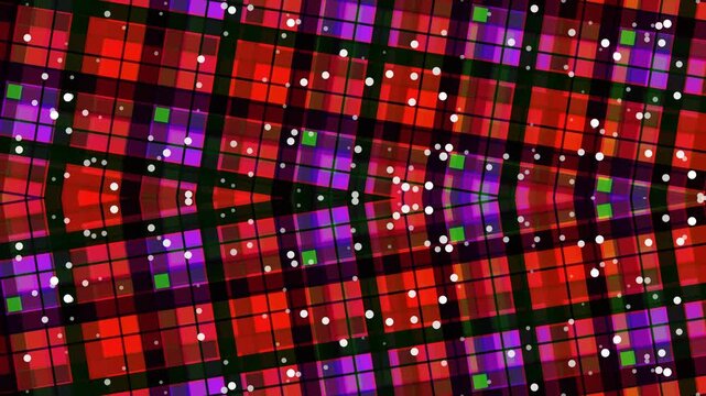 Abstract plaid pattern with red purple and green squares and white circles creating a colorful kaleidoscope design