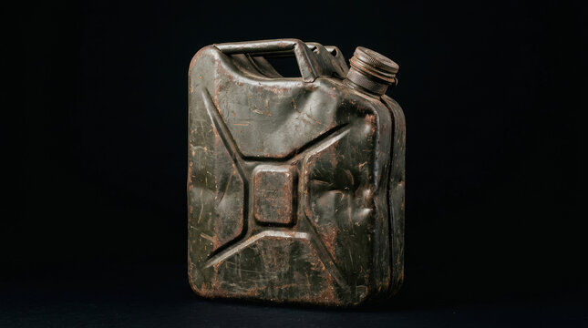 Old metal fuel canister with scratches and dents on black background showing energy crisis concept