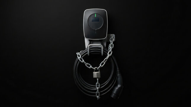 Electric vehicle charger locked with chain and padlock on black background symbolizing energy crisis and restricted power access