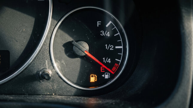 Fuel gauge car dashboard empty fuel warning light energy crisis vehicle instrument close up transportation meter speedometer automobile black red